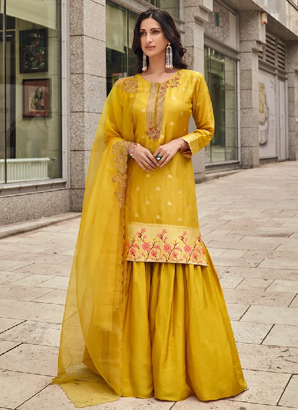Incredible Offers Golden Yellow Embroidery Party Wear Gharara Suit