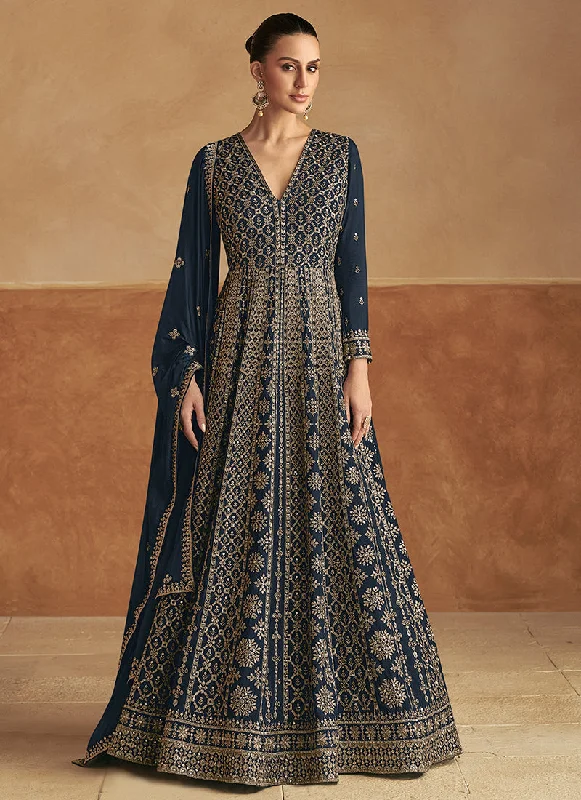 Limited Time Discount Dark Blue Traditional Embroidery Festive Anarkali Gown