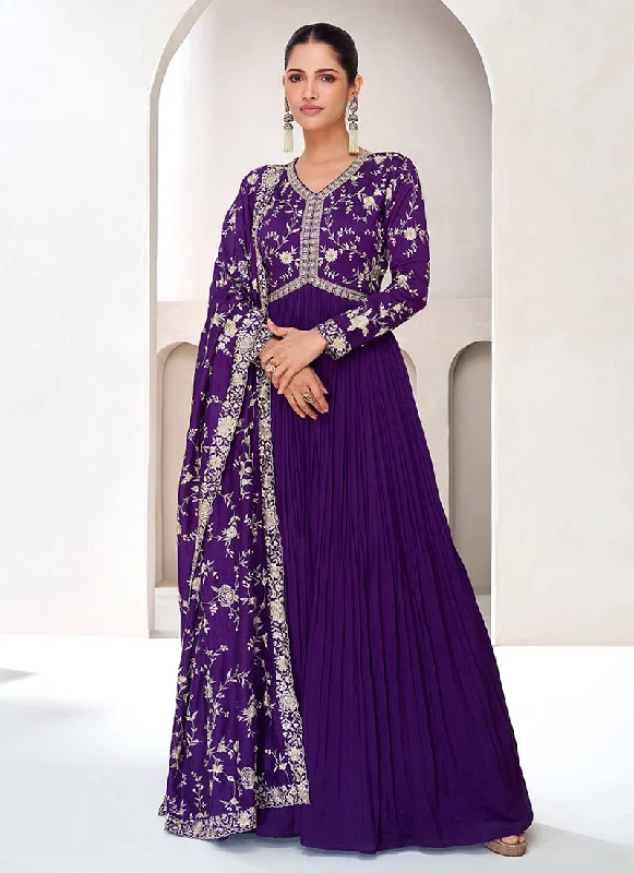 Deal Zone Purple Golden Embroidery Designer Anarkali Gown Dress
