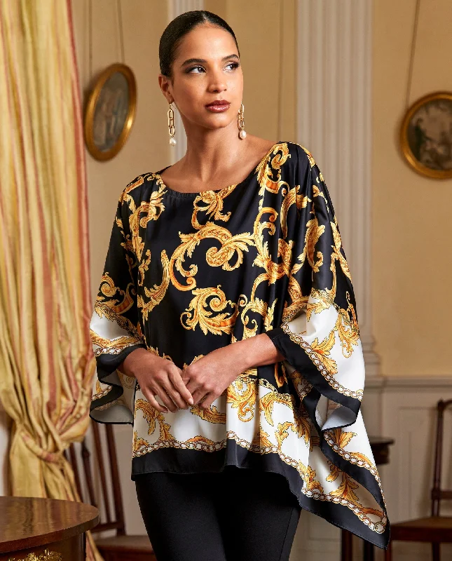 Limited Stock Regal Status Print Kimberly Poncho Charmeuse Blouse Black/Gold