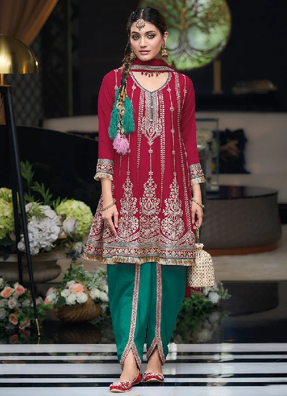 Deal Frenzy Red Multi Embroidered Designer Dhoti Style Suit