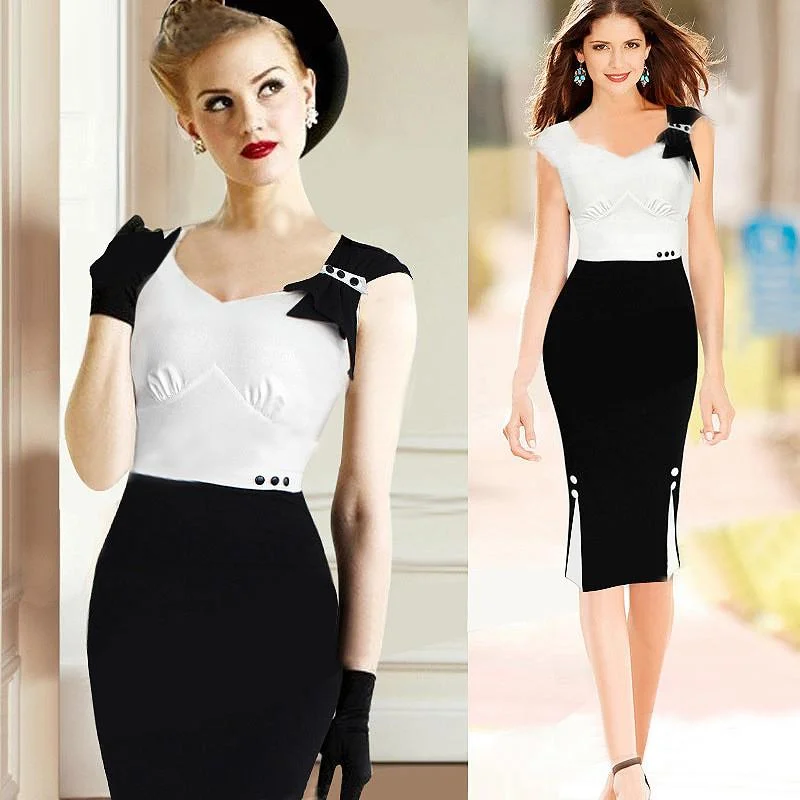 Bargain Bin Patchwork Sleeveless O-neck Knee-length Office Dress