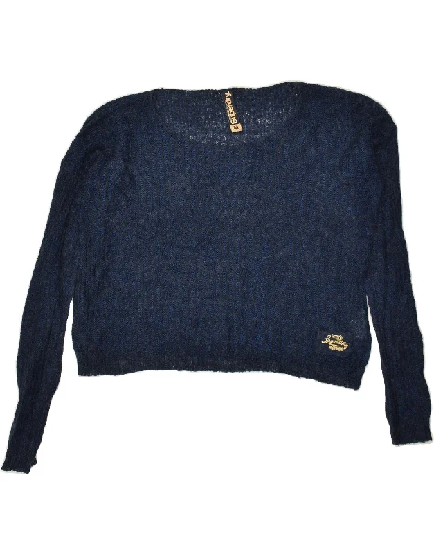 SUPERDRY Womens Crop Boat Neck Jumper Sweater UK 14 Medium Navy Blue