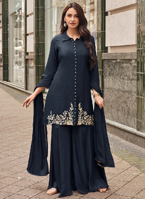 Limited Time Dark Blue Handwork Embroidery Party Wear Palazzo Suit