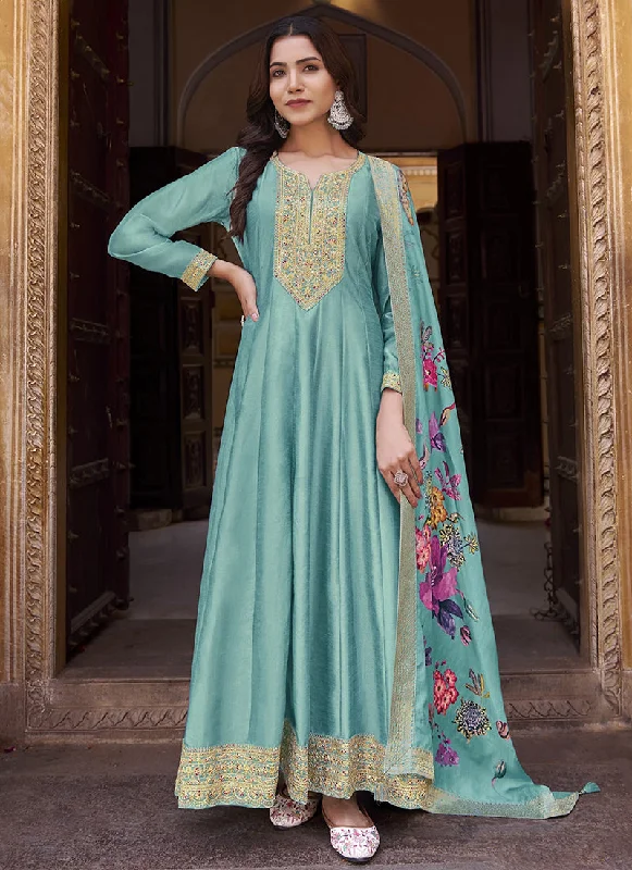 Savings Galore Sky Blue Multi Embroidery Silk Anarkali Dress