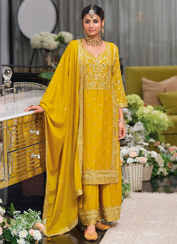 Take Advantage Yellow Traditional Embroidery Chinnon Palazzo Suit