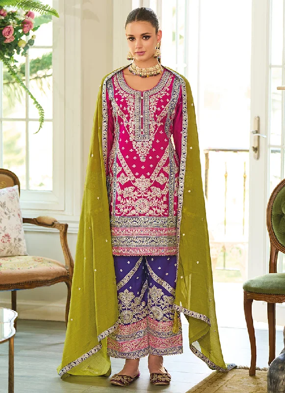 Great Bargains Pink And Purple Multicolored Embroidery Palazzo Style Suit