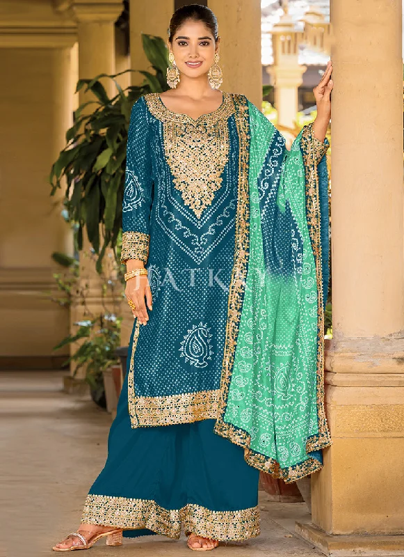 Price Smash Turquoise And Blue Mirror Work Printed Palazzo Suit
