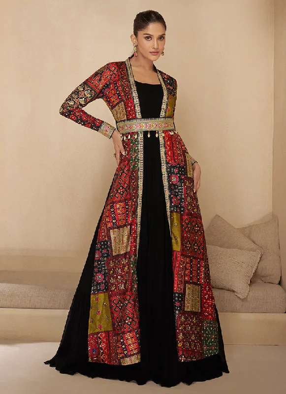 Final Clearance Black And Red Embroidered Jacket Style Anarkali Gown