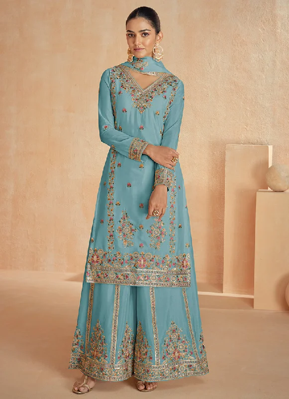 Big Discounts Sky Blue Multi Embroidery Festive Palazzo Suit