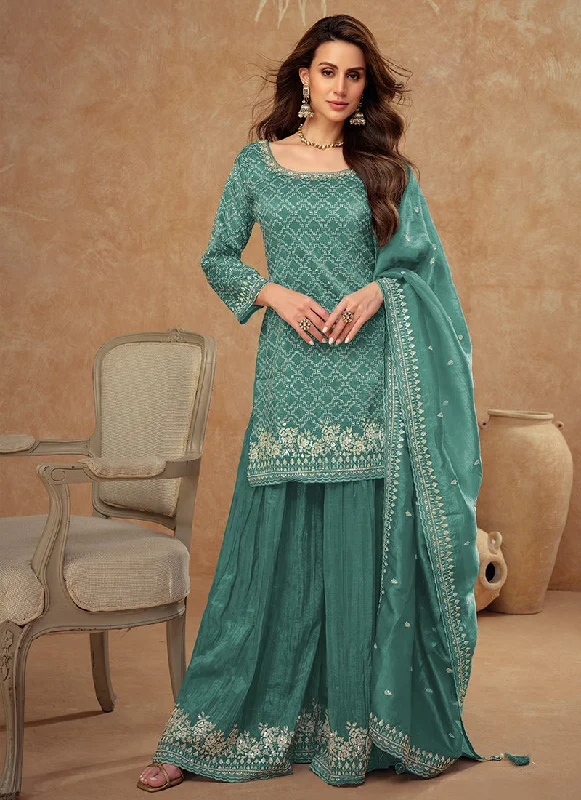 Don't Wait Turquoise Embroidery Party Wear Sharara Suit