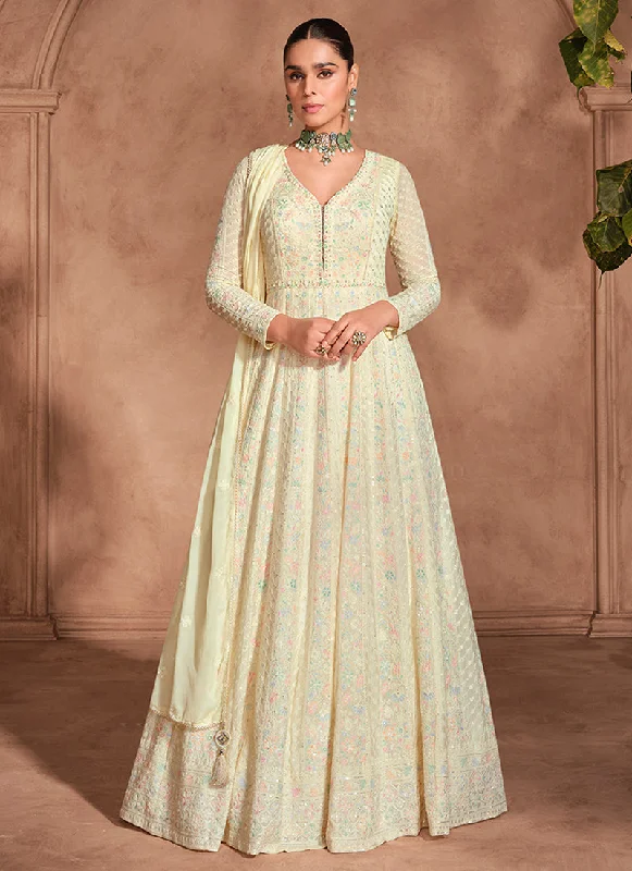 Crazy Deals Pastel Yellow Chikankari Embroidery Anarkali Gown