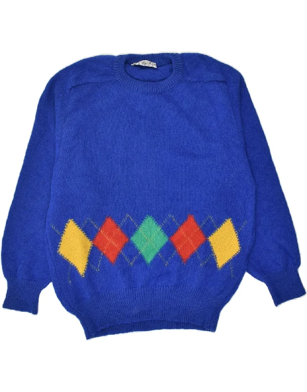 VINTAGE Womens Crew Neck Jumper Sweater IT 50 XL Blue Argyle/Diamond