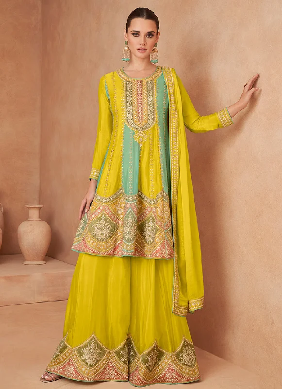 Shop and Save Lemon Yellow Multi Embroidery Sharara Style Suit