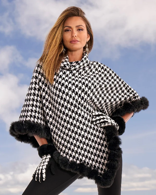 Early Access Faux Fur Trim Houndstooth Sweater Poncho Black White