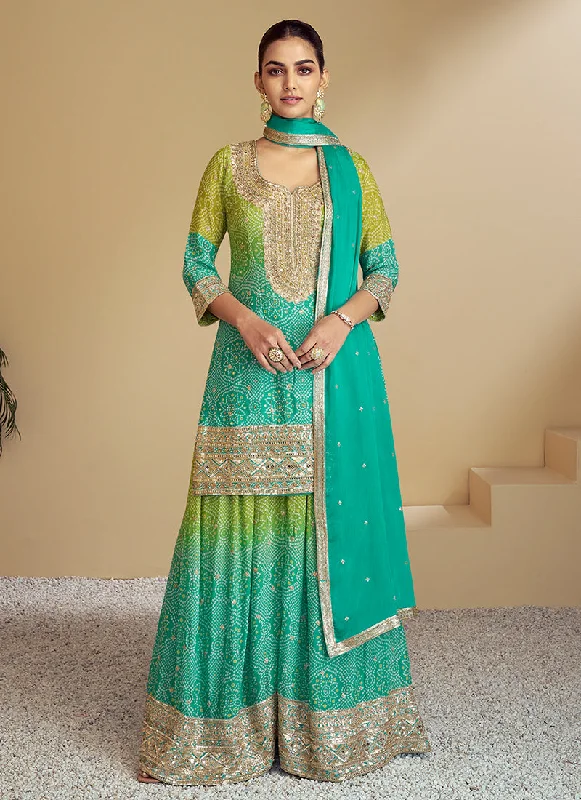 Super Sale Teal Green Ombré Designer Kurti And Palazzo