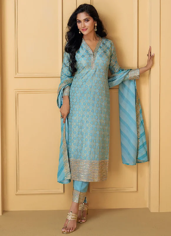 Great Deals Sky Blue Traditional Embroidery Silk Salwar Kameez Suit