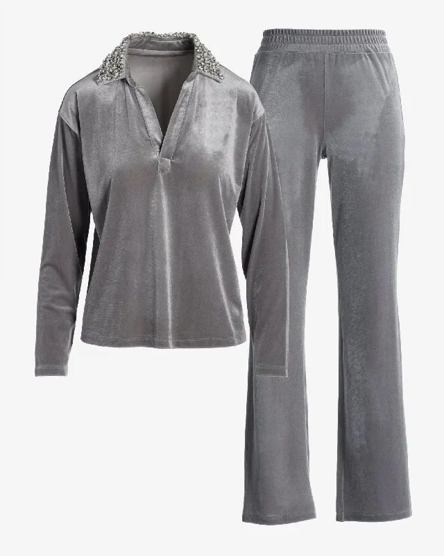 Special Price Chic Velour Embellished Collar Lounge Set Silver