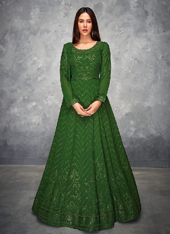 New Deals Green Thread And Sequence Embroidered Anarkali Suit