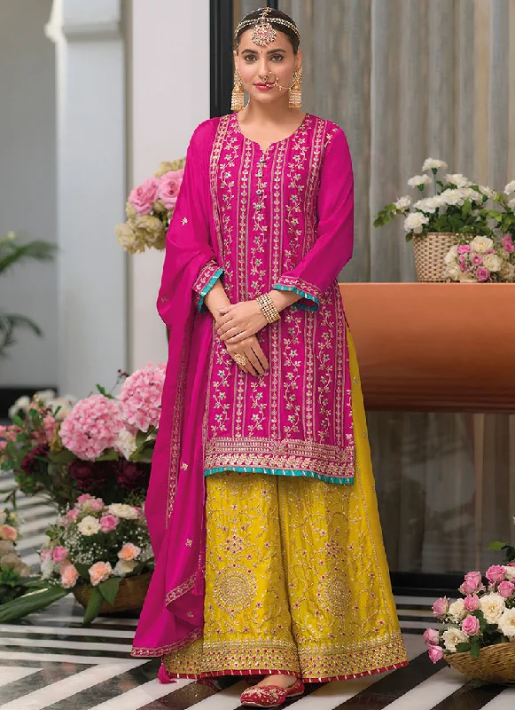 Steals and Deals Pink And Yellow Embroidery Festive Palazzo Suit