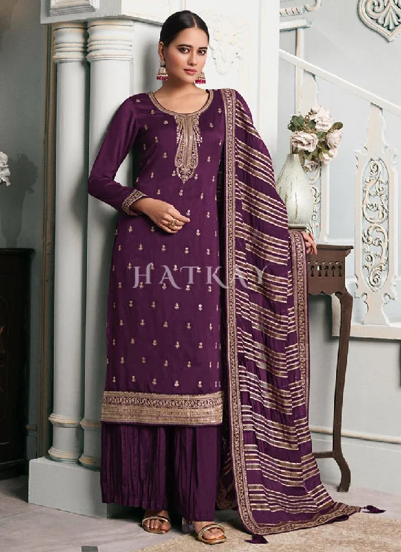 Super Sale Deep Purple Embroidered Palazzo Style Suit