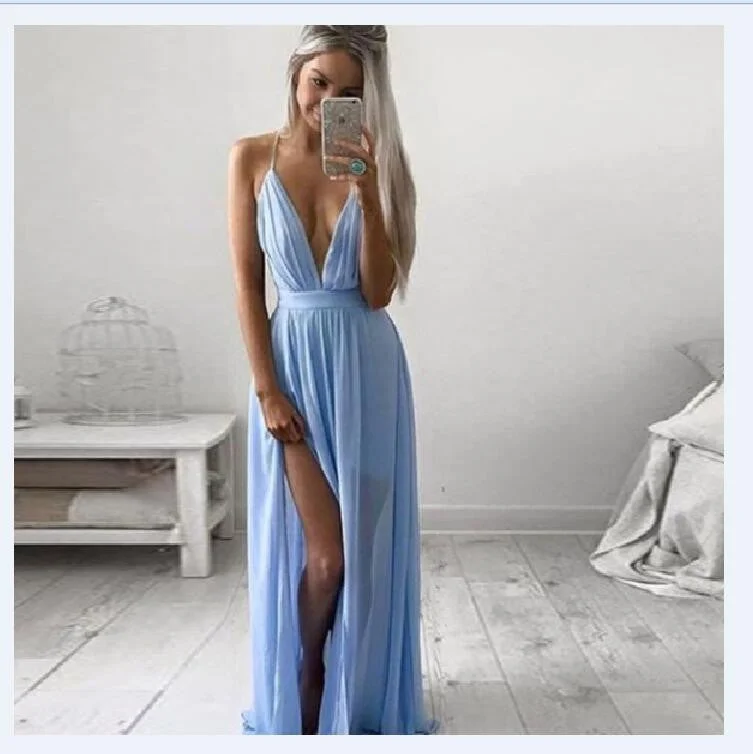 Exclusive Offers Pure Color Straps Deep V-neck Split Long Dress