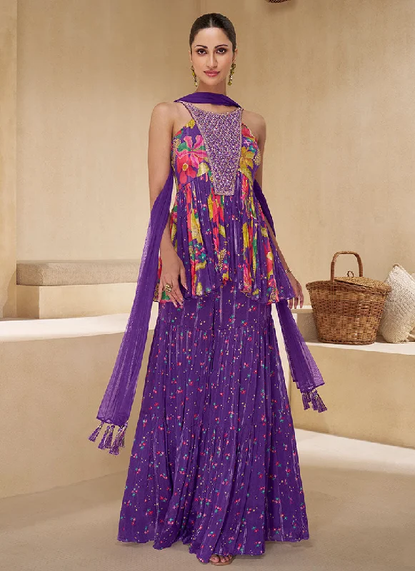 Price Drop Purple Multi Embroidery Floral Printed Sharara Style Suit