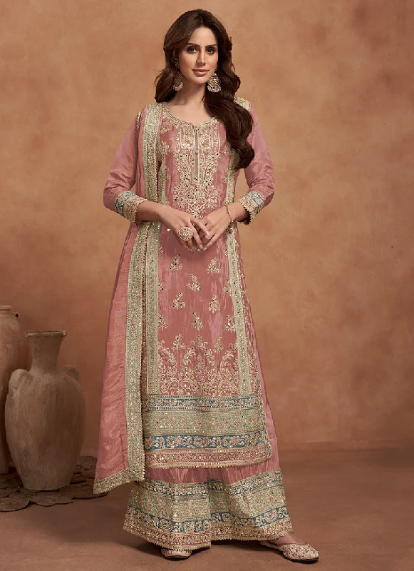 Act Fast Pink Multi Embroidered Wedding Palazzo Suit