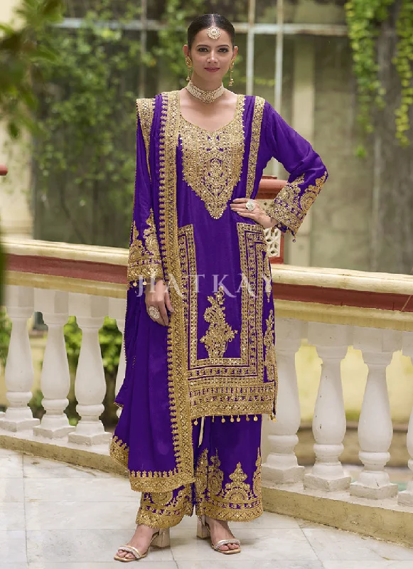 Crazy Savings Violet Golden Embroidered Pakistani Palazzo Style Suit
