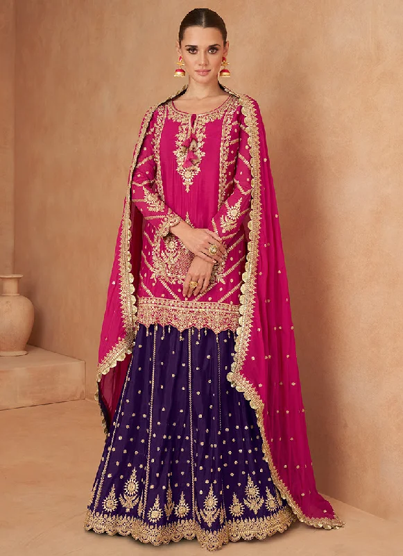 Buy More, Save More Magenta And Purple Embroidered Wedding Lehenga Kurti