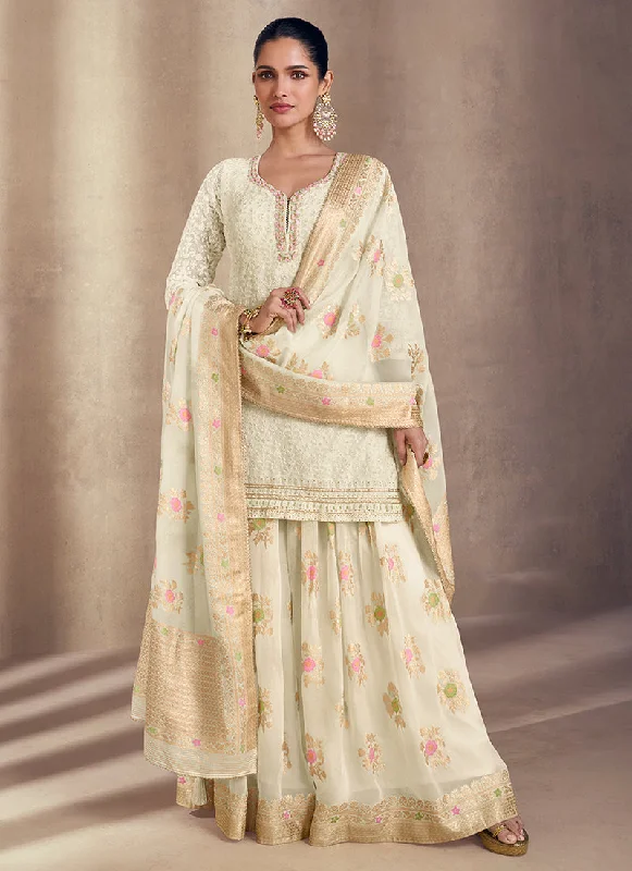 Price Drop Cream Golden Floral Embroidery Gharara Style Suit