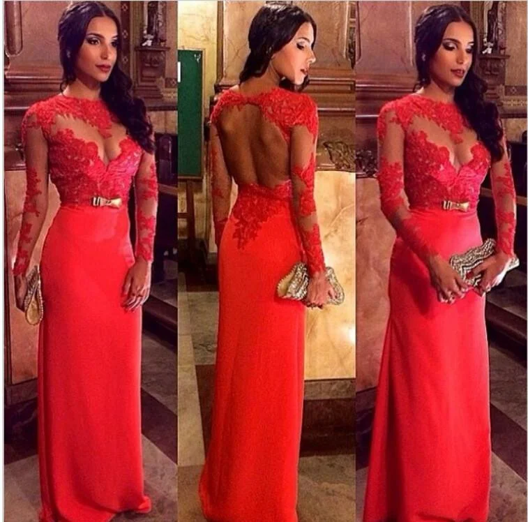 Exclusive Deal Long Sleeves Lace Bow Backless Long Evening Dress