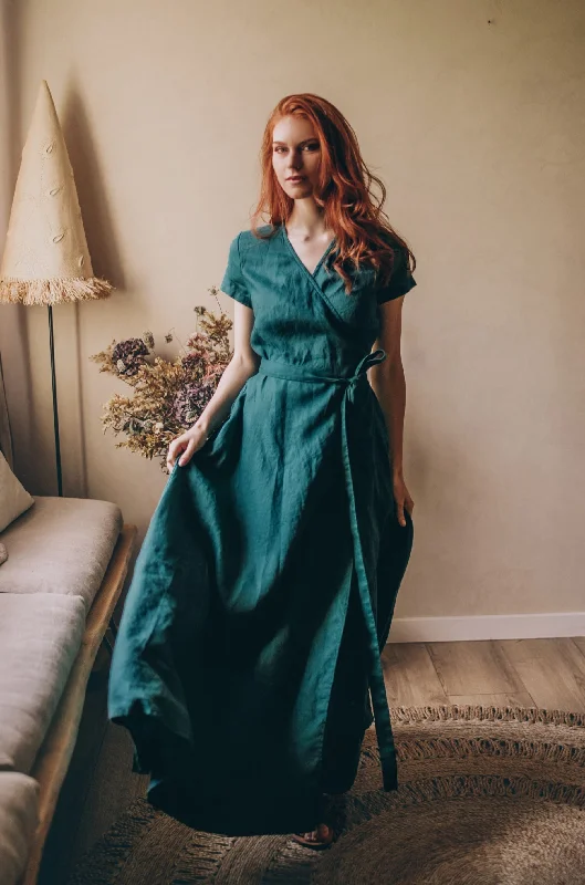 Exclusive Offers Short Sleeve Linen Maxi Dress with Tie Waist