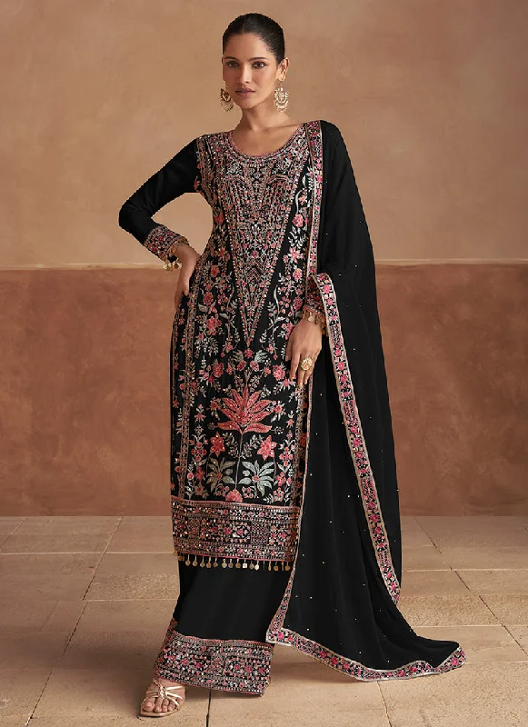 Limited Availability Black Multicoloured Embroidery Festive Palazzo Suit