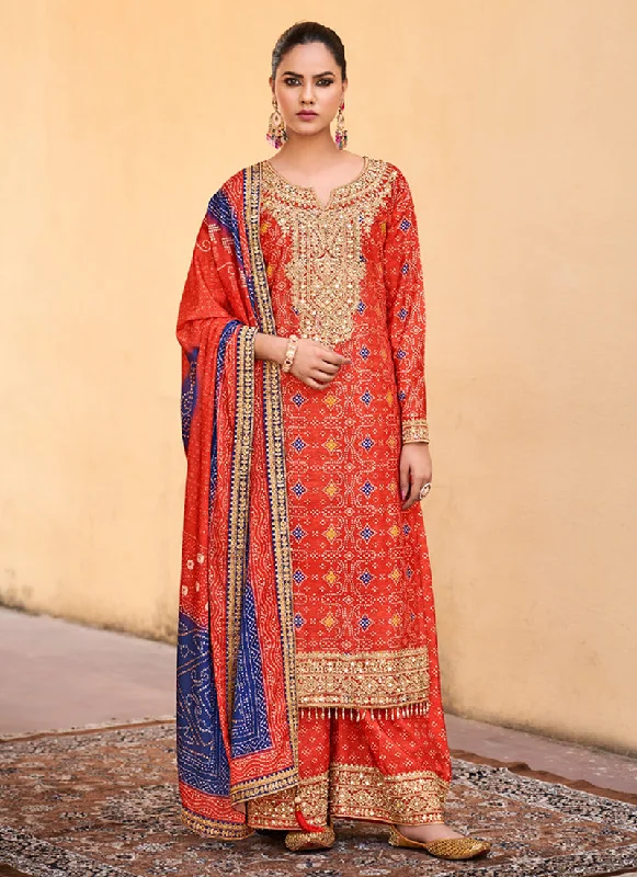 Midnight Madness Red And Blue Mirror Embroidery Bandhani Palazzo Suit