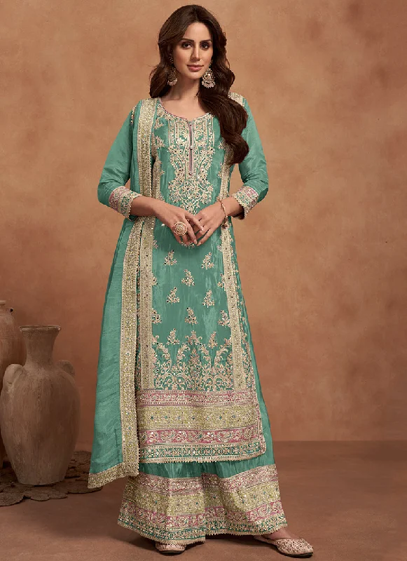Special Savings Teal Blue Multi Embroidered Wedding Palazzo Suit