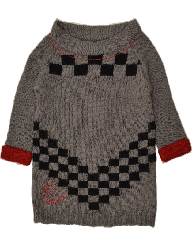 DESIGUAL Womens Boat Neck Jumper Sweater UK 8 Small Grey Fair Isle