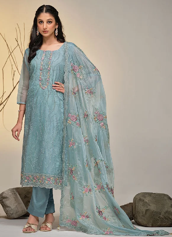 Discount Deals Sky Blue Multi Embroidery Pakistani Salwar Kameez Suit