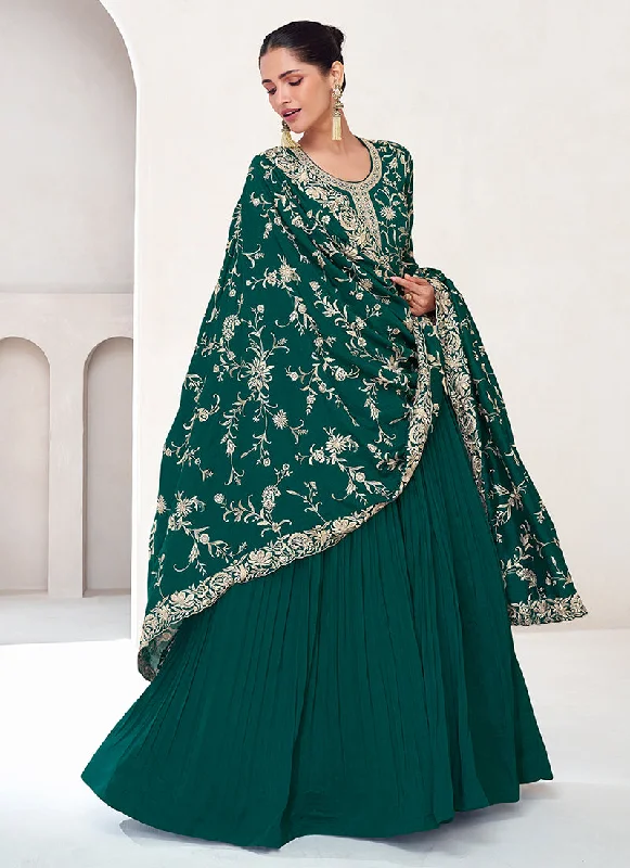 Overstock Sale Green Golden Embroidery Designer Anarkali Gown Dress