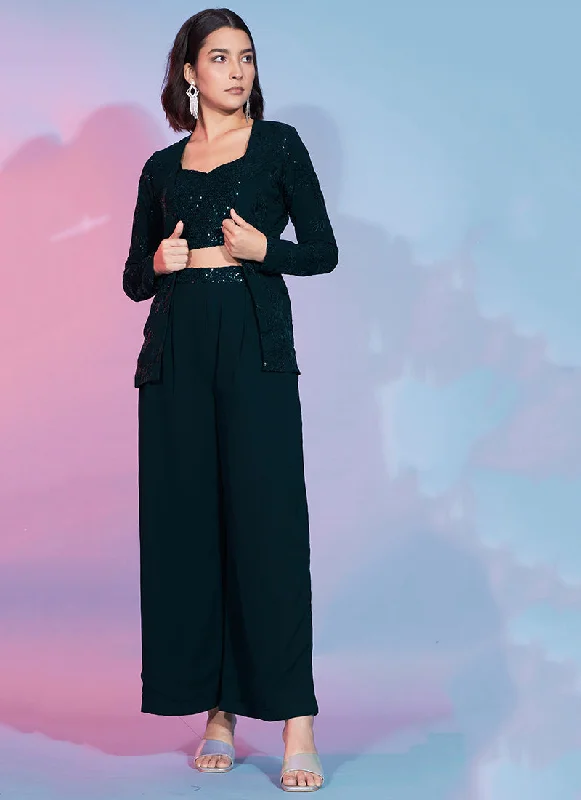 Low Prices Dark Green Sequence Embellished Co-Ord Style Pant Suit