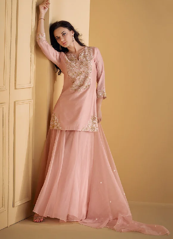 Price Drop Alert Pink Embroidered Party Wear Sharara Suit
