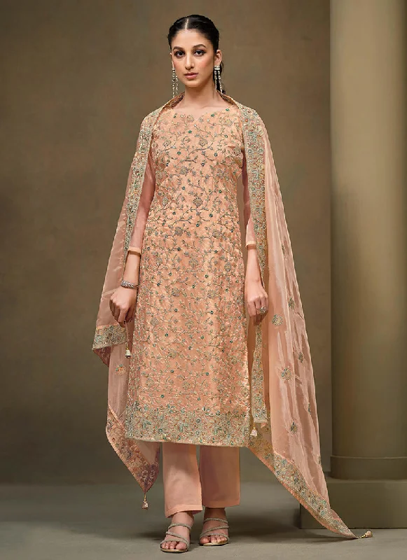 Low Prices Pastel Orange Multi Embroidered Pakistani Pant Style Suit