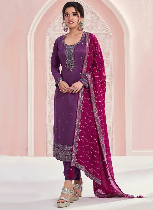 Unmissable Offer Purple And Magenta Embroidery Pakistani Pant Suit