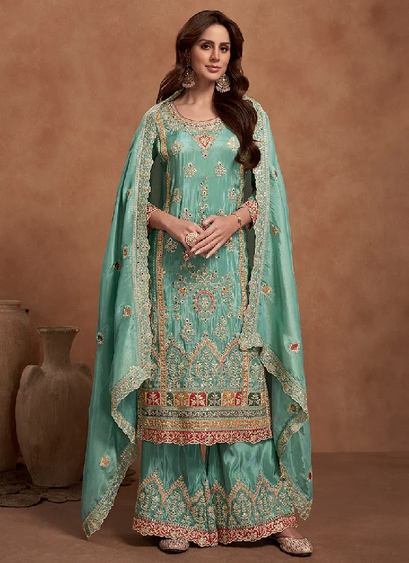 Special Offer Sea Green Multi Embroidered Wedding Palazzo Suit