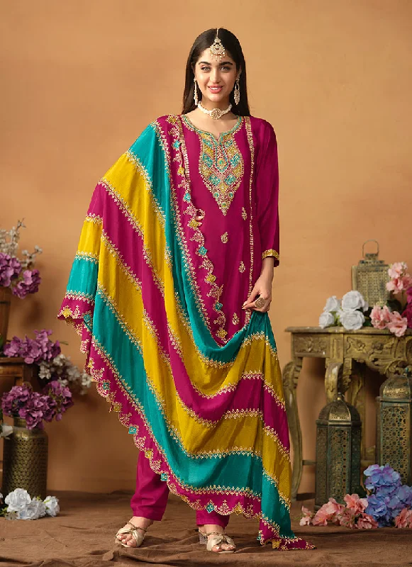 Blowout Sale Magenta Multi Embroidery Traditional Pant Style Suit