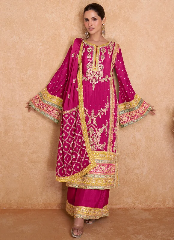 Seasonal Clearance Hot Pink Multi Embroidered Wedding Palazzo Suit