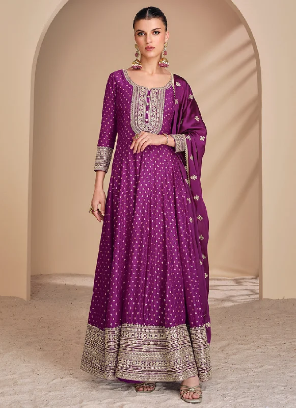 Savings Bonanza Plum Purple Embroidery Silk Anarkali Suit