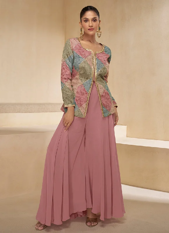 Hurry In Pink Multicoloured Embroidery Party Wear Sharara Suit