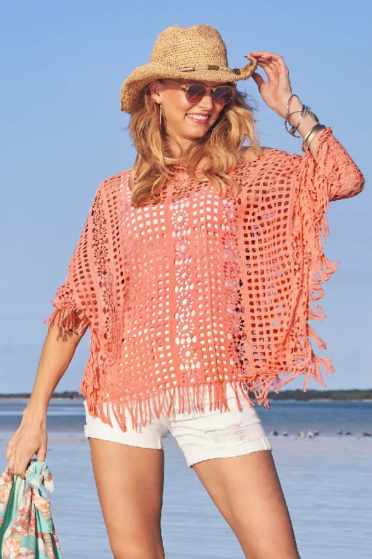 Holiday Sale Effortless Crochet Pullover Poncho Peach Bud