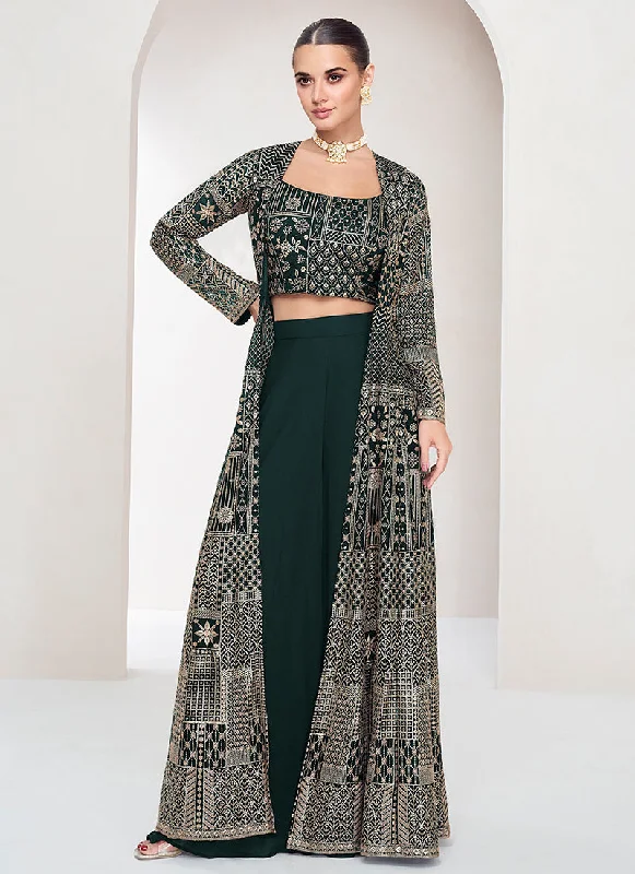 Discount Days Dark Green Embroidered Jacket Style Palazzo Suit